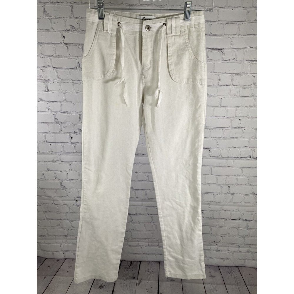 IXOS White 100% Linen Drawstring Waist Straight Leg Pants Pockets S (26x29)
